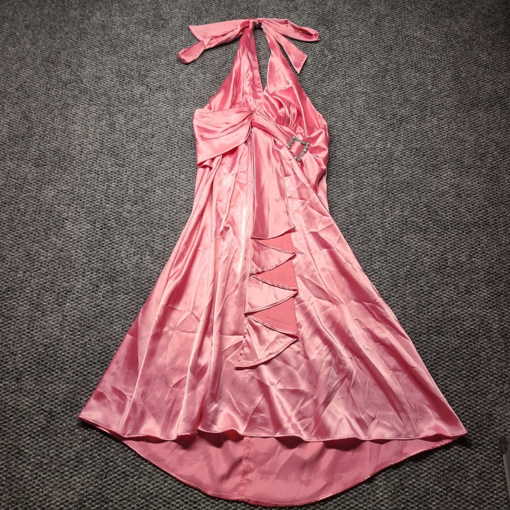 Jane USA Pink Satin Halter Dress Rhinestone Buckle Ruffle High Low Y2K Cocktail